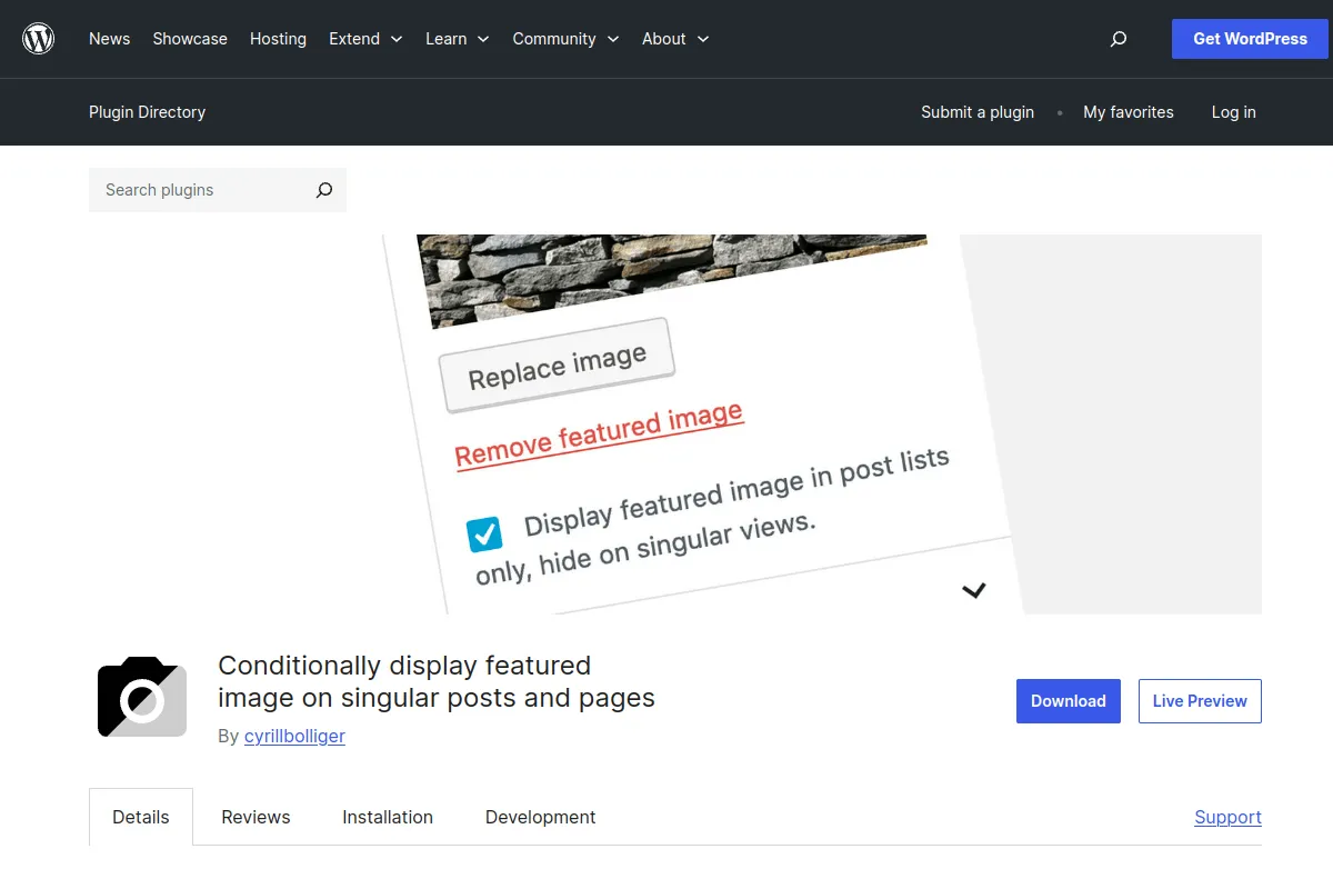 The Conditionally Display Featured Image on Singular Pages plugin page on WordPress.org