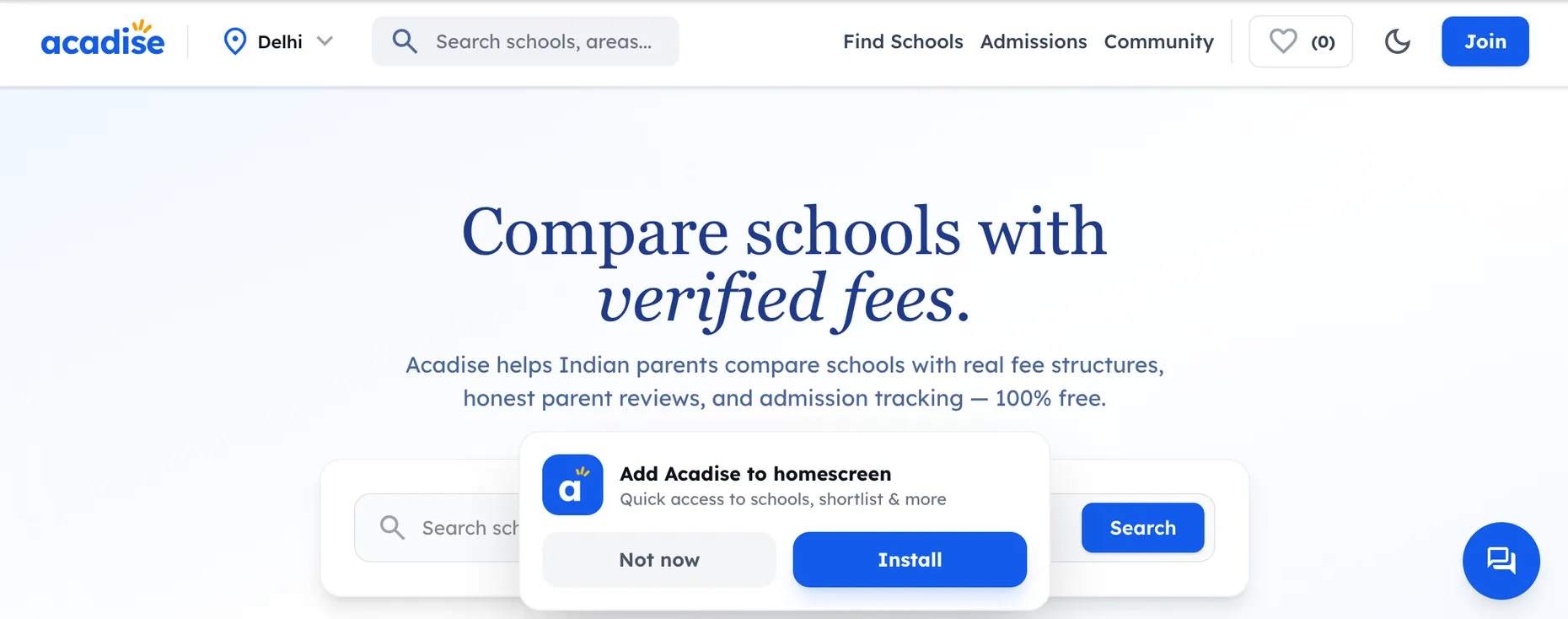The Acadise homepage showing its own Add Acadise to homescreen install prompt, with an Install button and a Not now button, on top of the Compare schools with verified fees hero