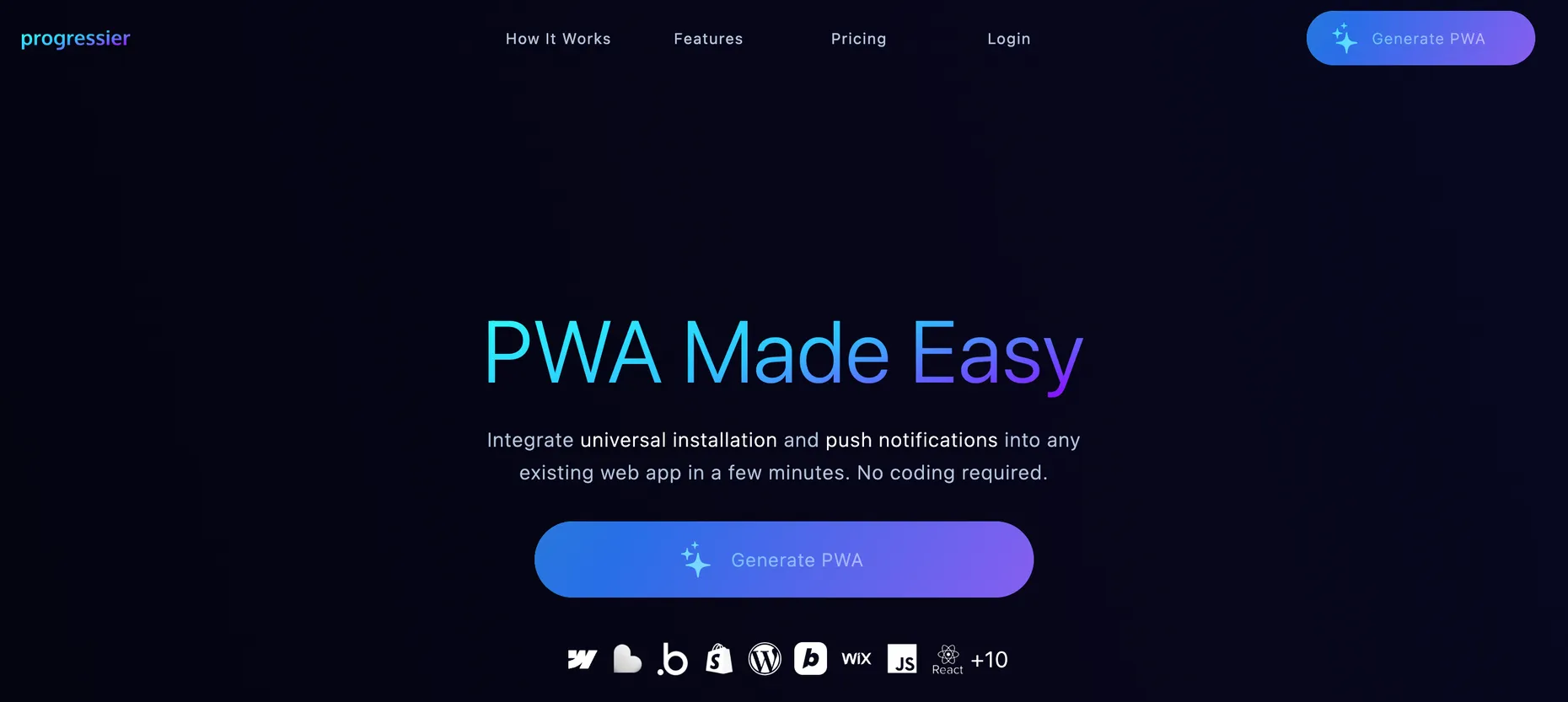 Progressier homepage with the headline PWA Made Easy and logos for Webflow, Shopify, WordPress, Wix and React