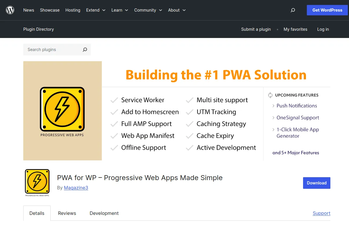 PWA for WP and AMP plugin page on WordPress.org, listing features like service worker, add to home screen, web app manifest, offline support and caching strategy