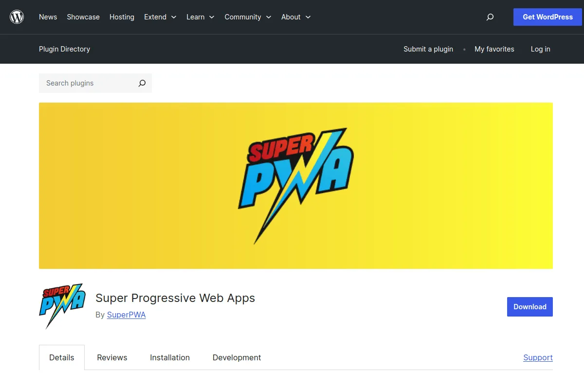 Super Progressive Web Apps plugin page on WordPress.org, showing the SuperPWA banner and the Download button