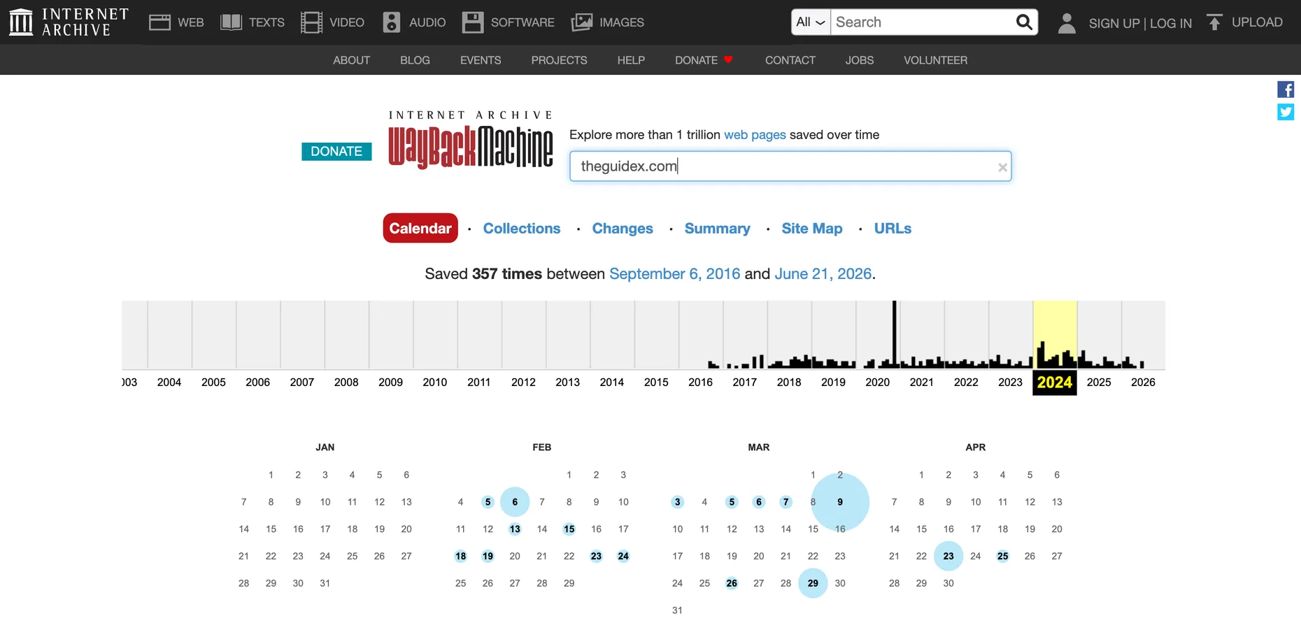 The Wayback Machine calendar for theguidex.com showing a year timeline from 2003 to 2026 and a monthly calendar with blue circles marking saved snapshots