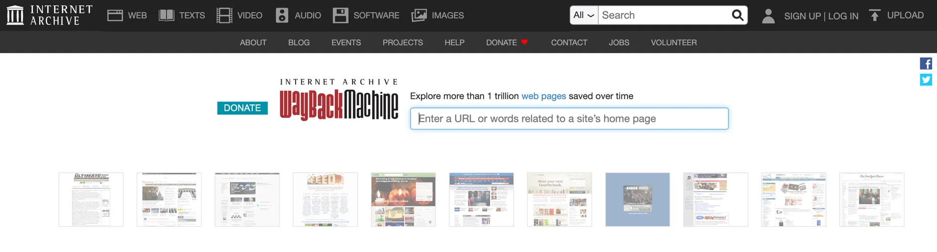 The Wayback Machine homepage with a search box reading Enter a URL or words related to a site's home page, under the text Explore more than 1 trillion web pages