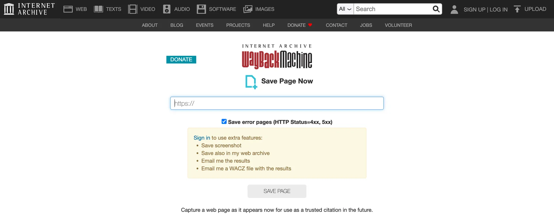 The Wayback Machine Save Page Now form, with an https field, a Save error pages checkbox, sign-in options, and a Save Page button