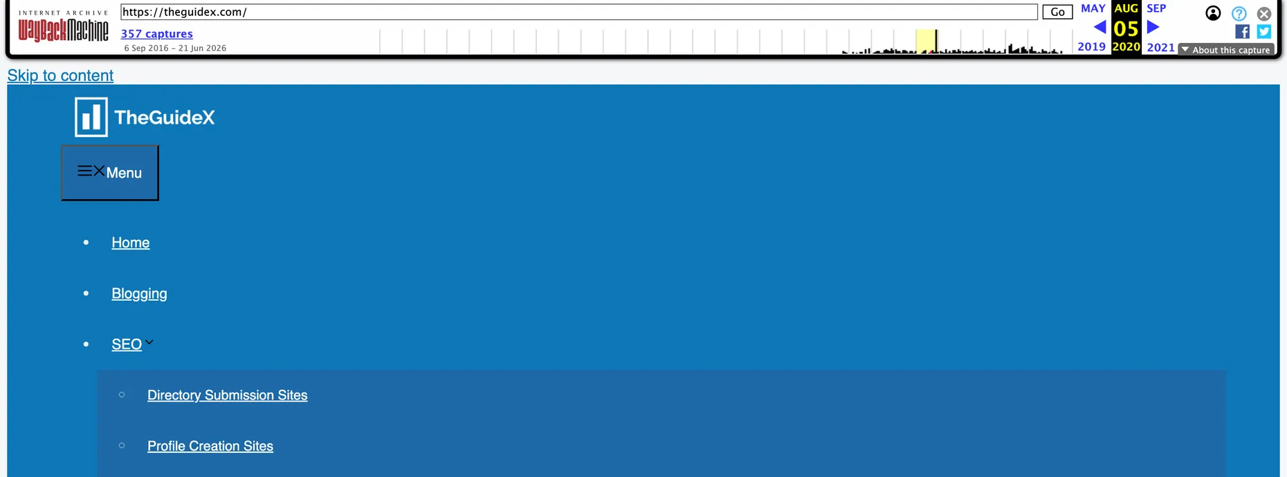 An archived snapshot of theguidex.com from August 2020 in its old blue design, with the Wayback Machine toolbar at the top showing the capture date and 357 captures