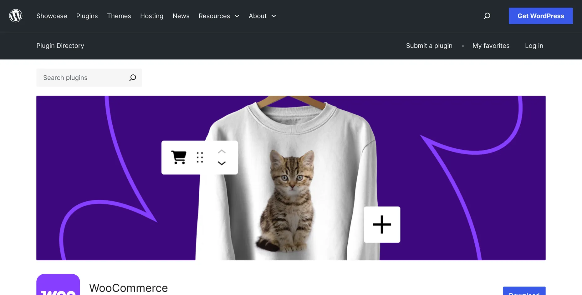 WooCommerce listing on the WordPress.org plugin directory, free and by Automattic, with a Download button