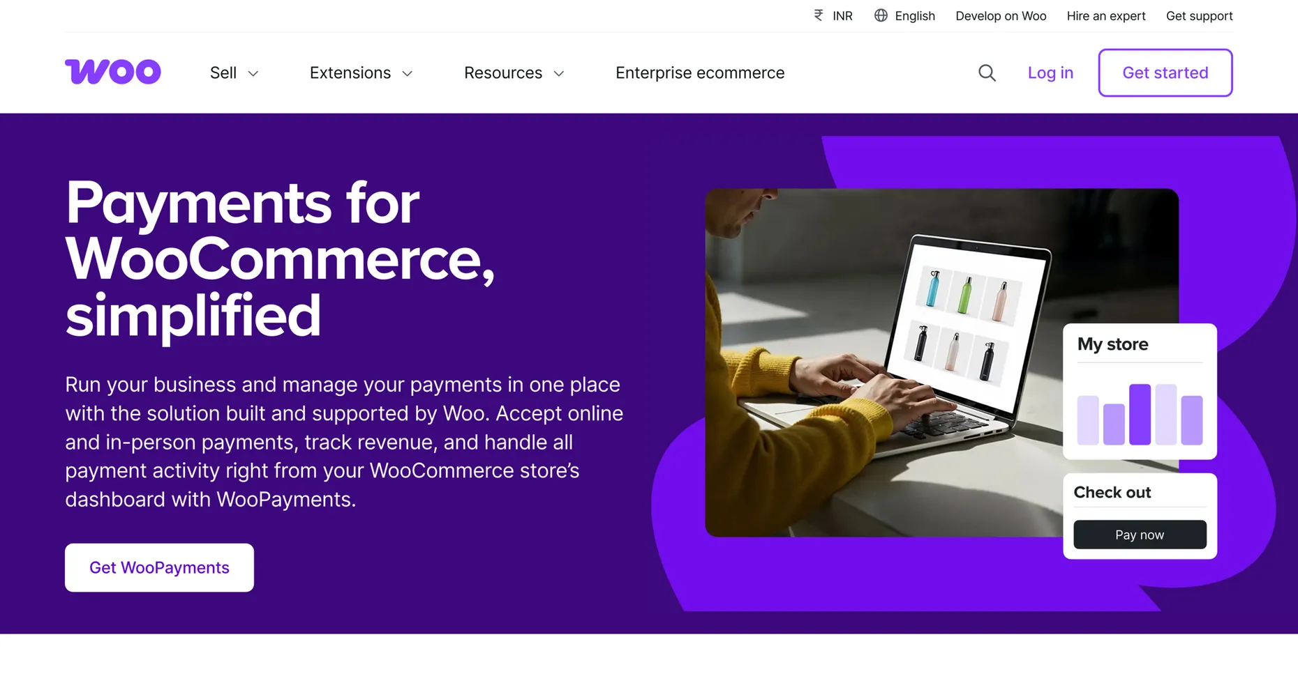 WooPayments page reading Payments for WooCommerce simplified, manage payments from your store dashboard