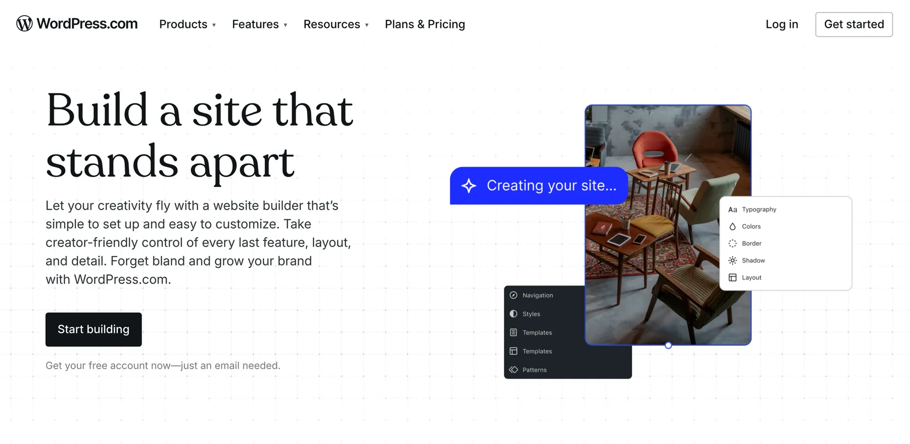 WordPress.com website builder page reading Build a site that stands apart, with a Start building button and a free-account note