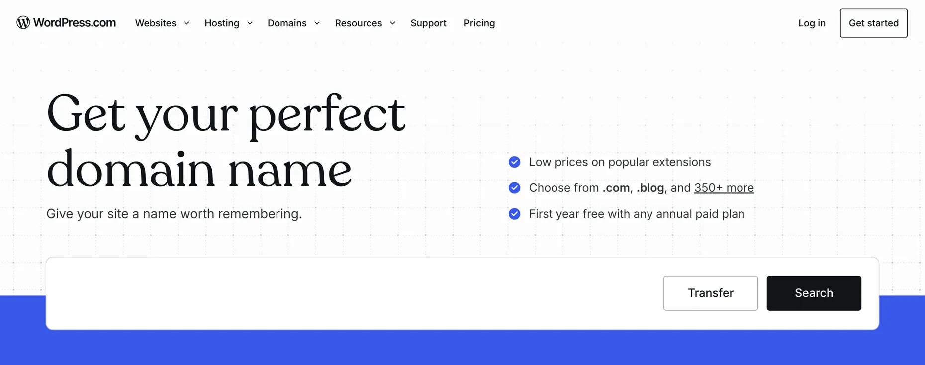 WordPress.com domains page reading Get your perfect domain name, first year free with any annual paid plan