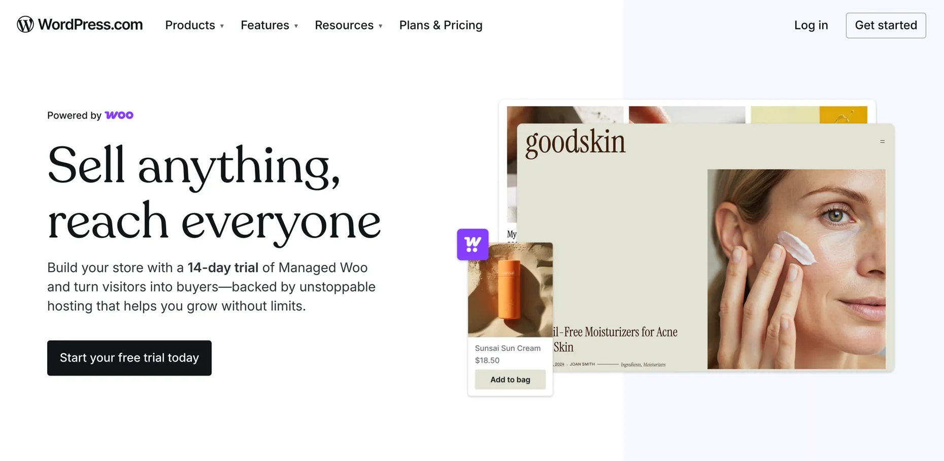 WordPress.com store page reading Sell anything, reach everyone, build your store with Managed Woo
