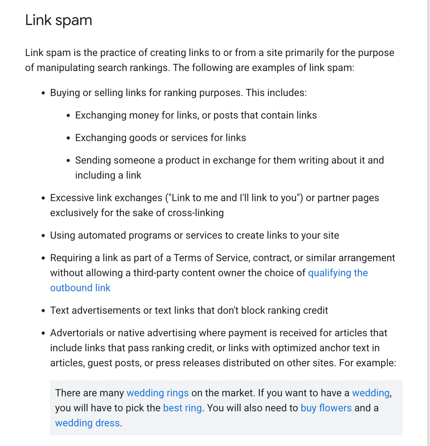 Google Search Central documentation page describing link spam policies, listing buying and selling links, exchanging money or goods for links, excessive link exchanges, and large-scale automated link building as violations