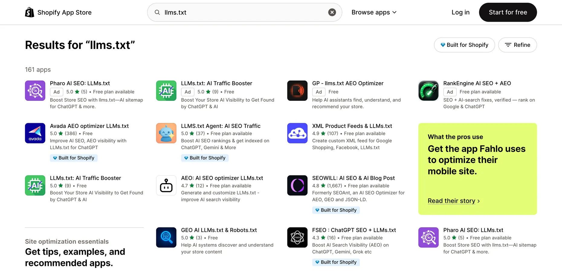 Shopify App Store search results for llms.txt, showing 161 apps such as Pharo AI SEO, Avada AEO optimizer and LLMs.txt AI Traffic Booster, most offering free plans and five-star ratings