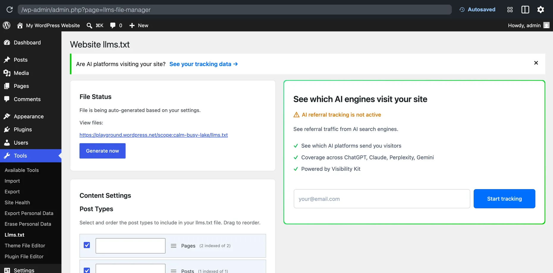 The Website LLMs.txt plugin settings page in WordPress admin, showing File Status with the generated llms.txt URL, and Content Settings for choosing post types, maximum posts and word limits