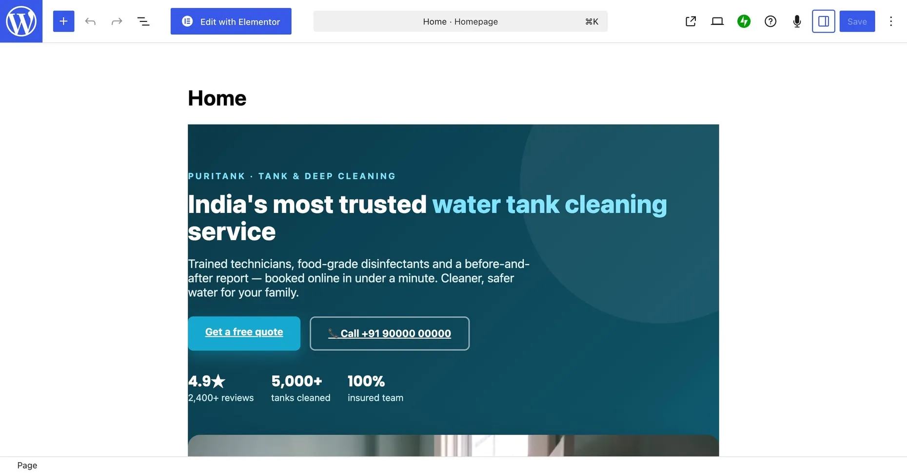 The WordPress.com block editor building the Puritank homepage hero section with standard blocks