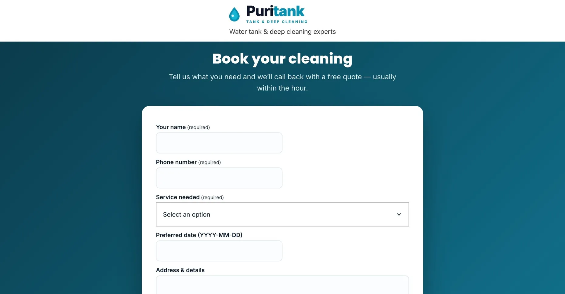 Online booking and quote-request form built with WordPress.com's built-in Form block
