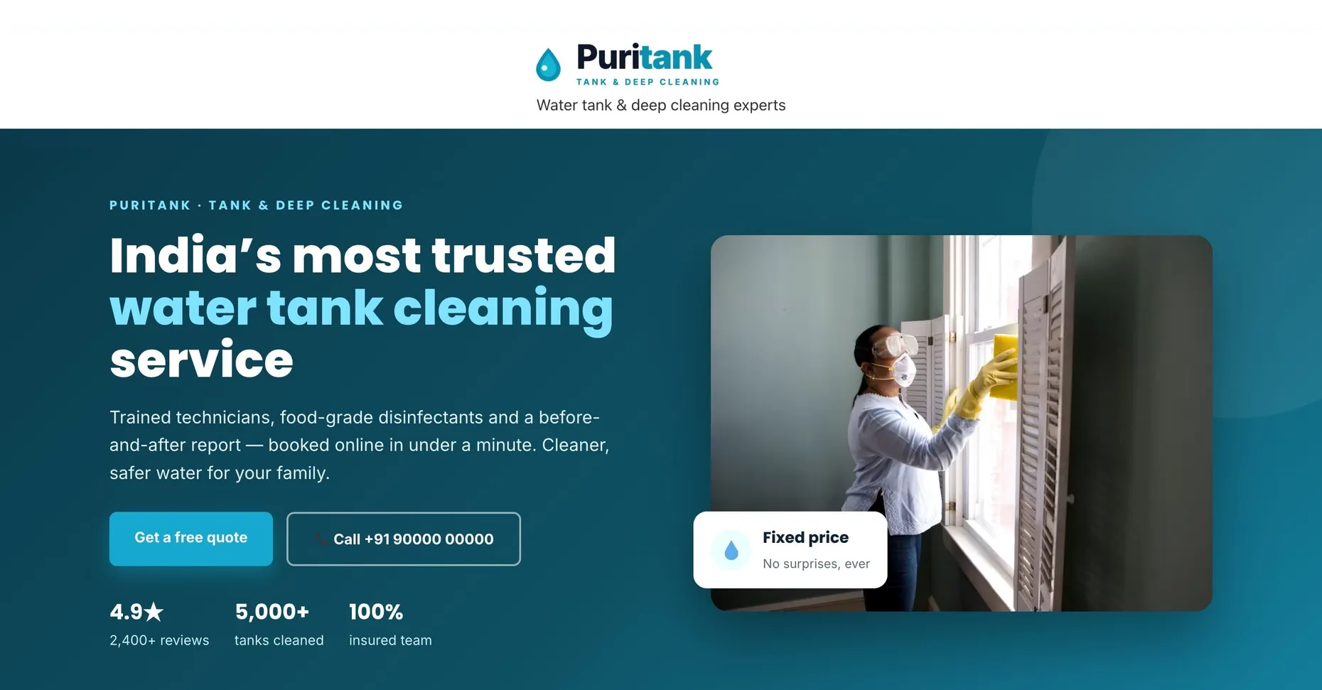 The finished Puritank local business homepage on WordPress.com with logo, hero headline and call-to-action buttons