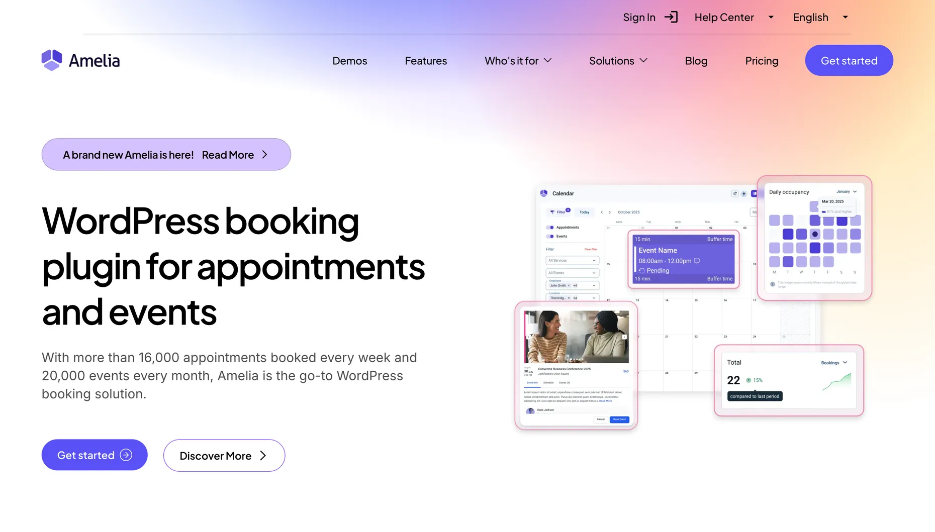 The Amelia WordPress booking plugin homepage showing its appointment and events calendar interface