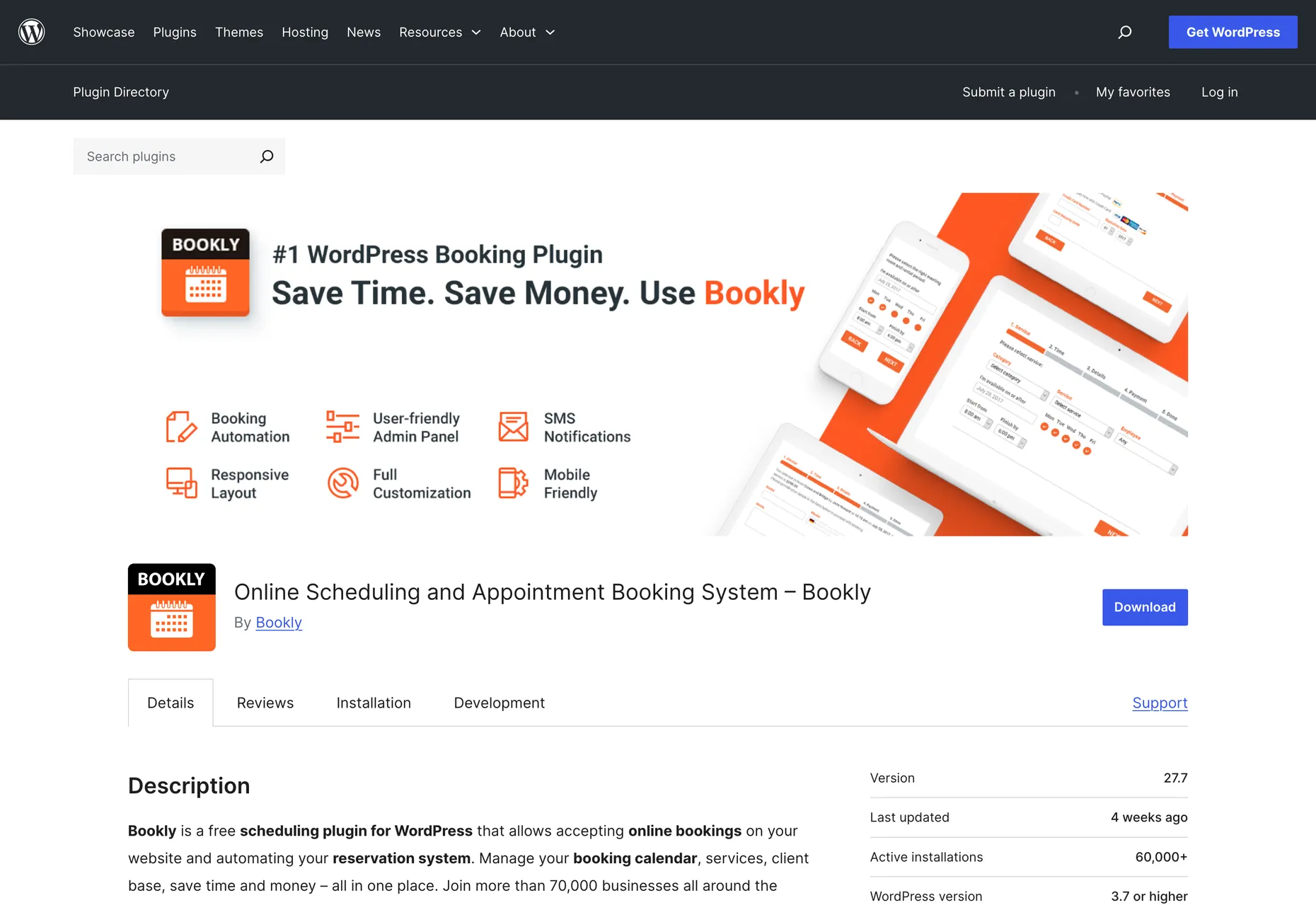 Bookly on the WordPress.org plugin directory, the number one WordPress booking plugin with 60,000+ active installs