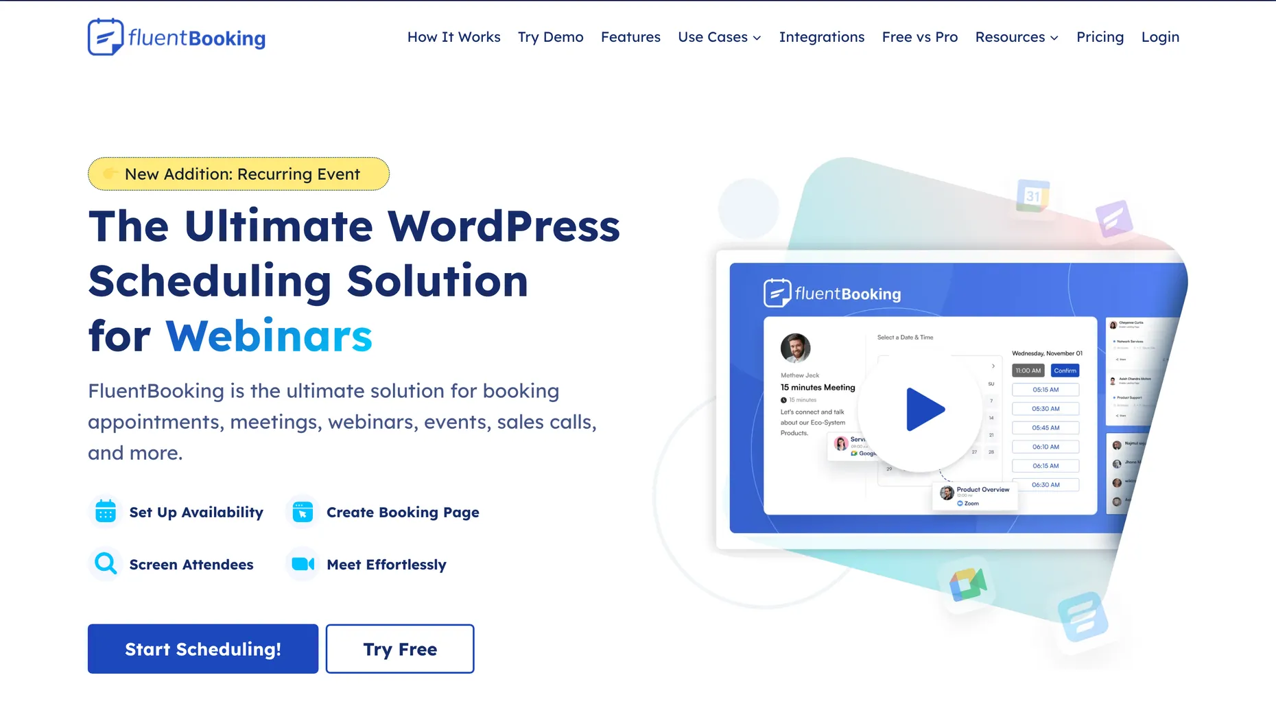 FluentBooking homepage showing its Calendly-style WordPress scheduling interface