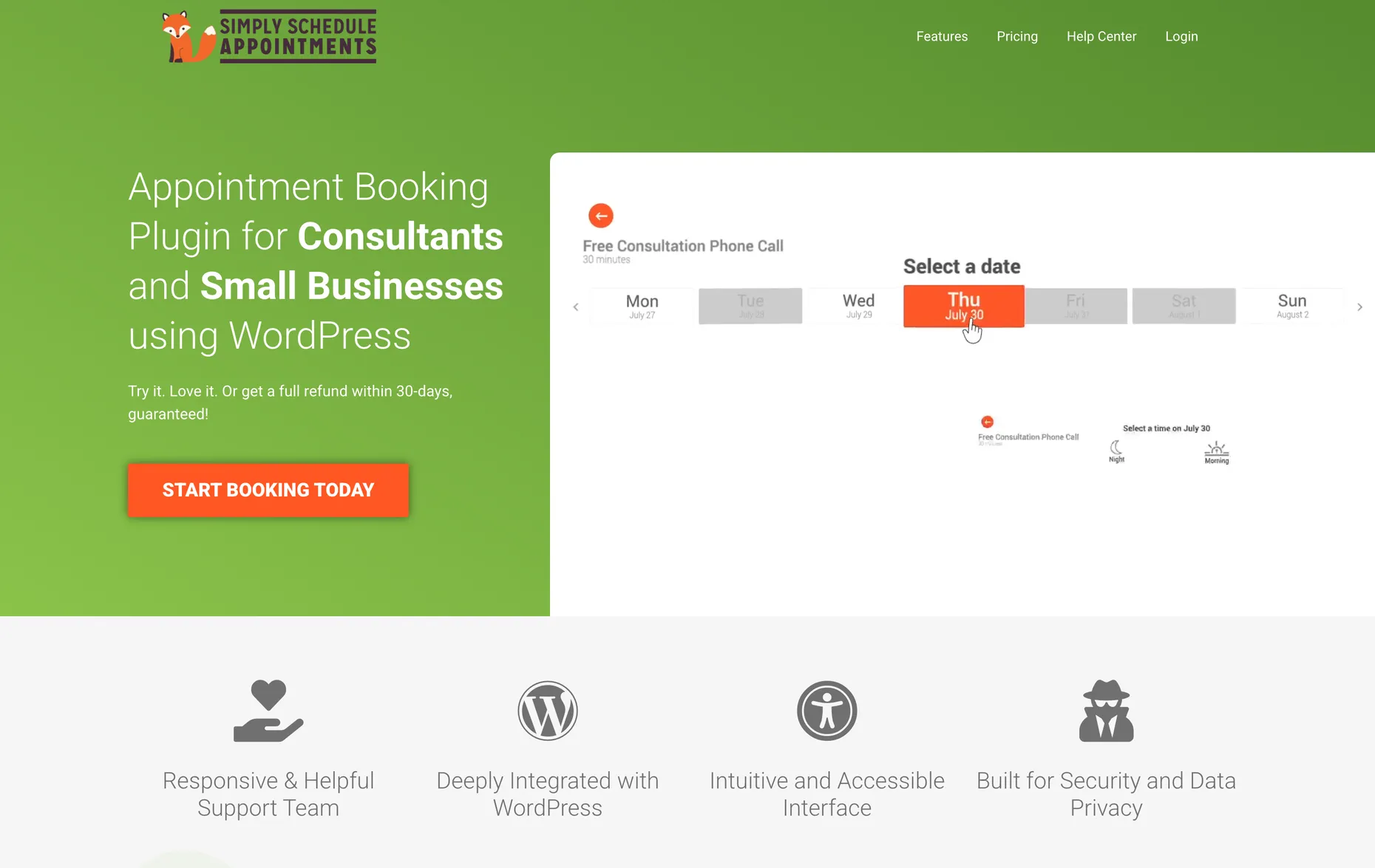 Simply Schedule Appointments homepage showing its date-and-time booking calendar for consultants and small businesses