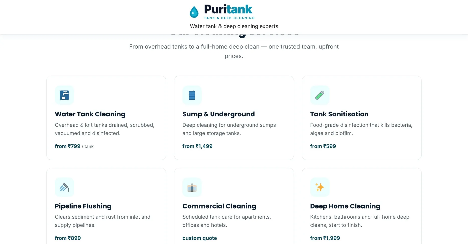 Service cards with icons and upfront pricing on the Puritank WordPress.com site