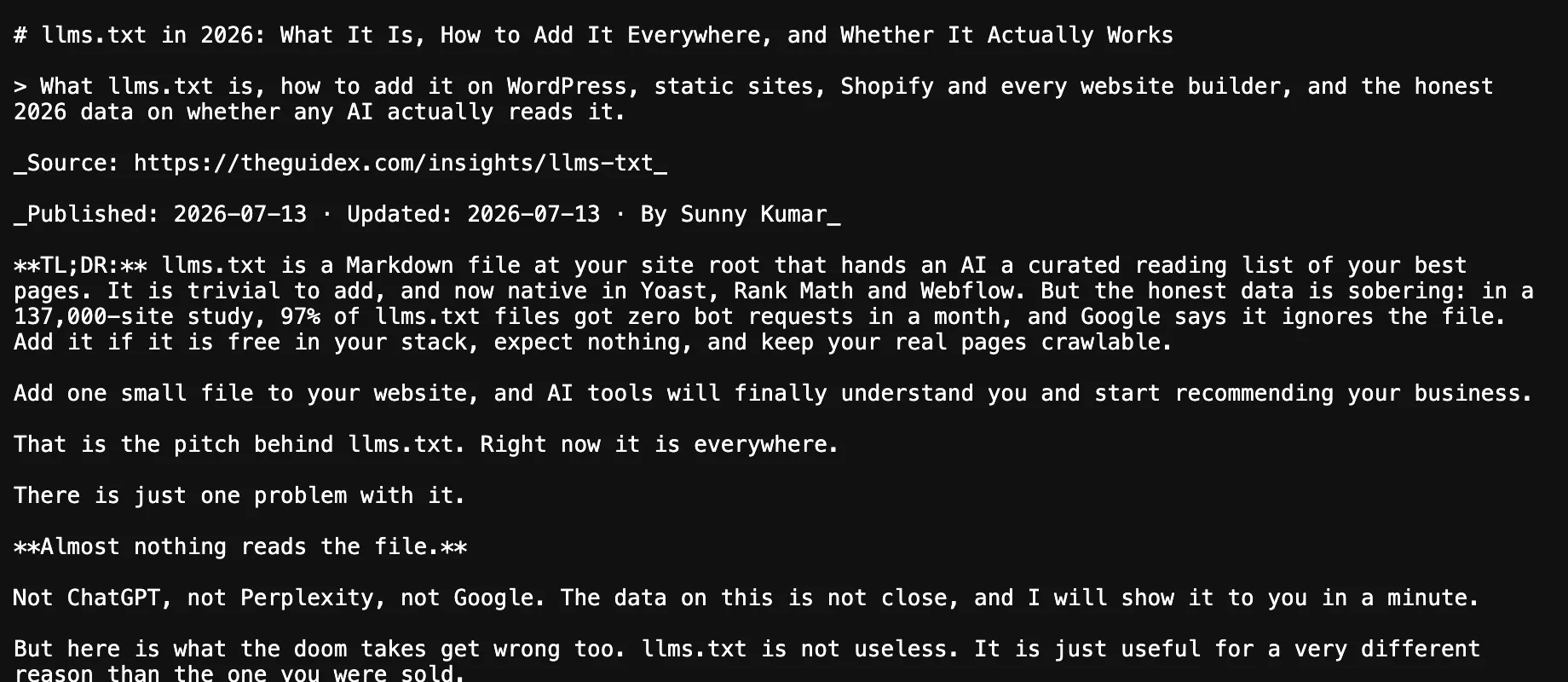 The raw markdown twin of a TheGuideX post shown in a browser, with the title, source URL, published date, author byline and TL;DR as plain markdown text