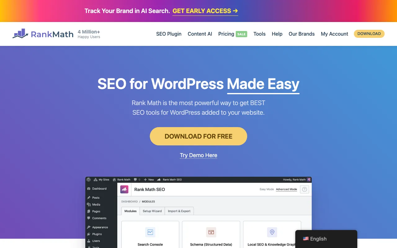 Rank Math SEO homepage screenshot