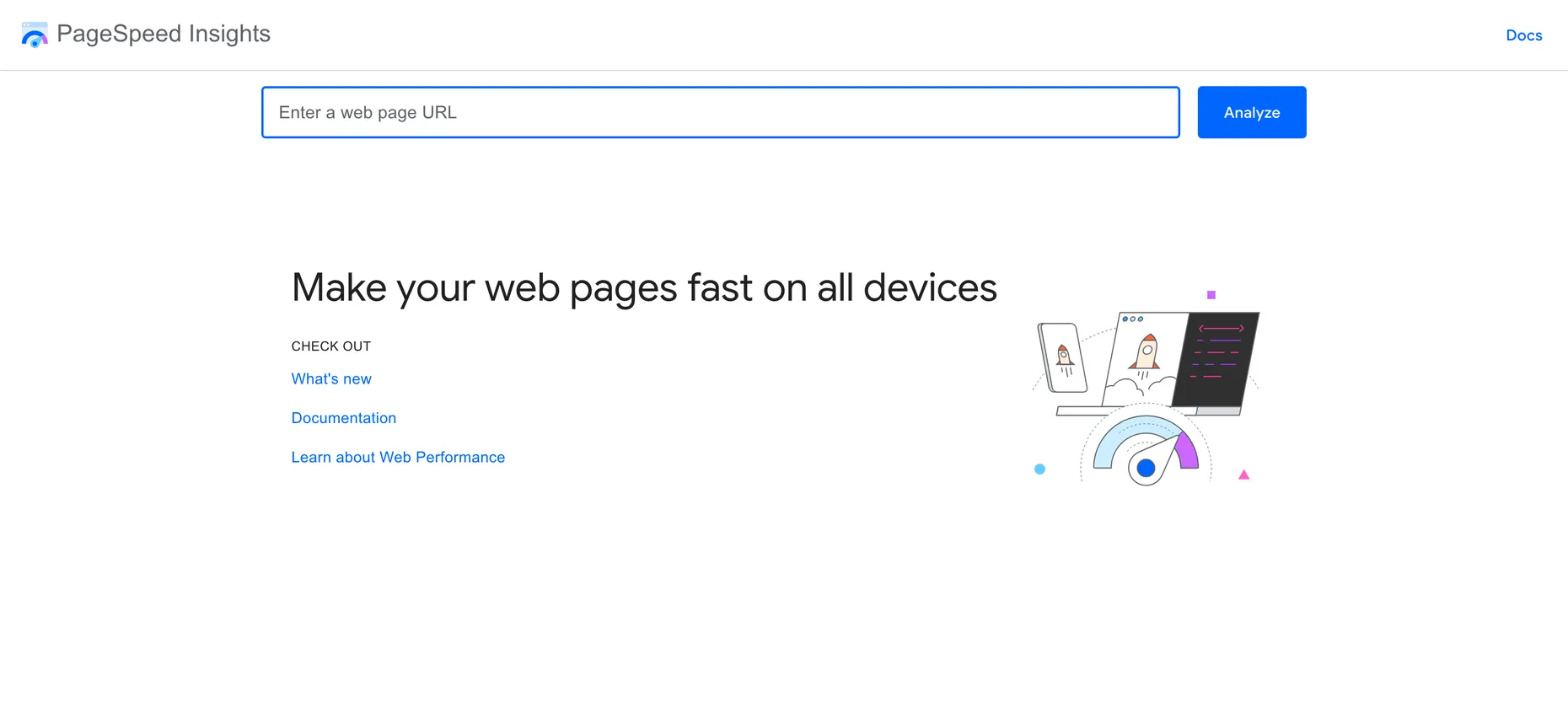Google PageSpeed Insights homepage with a URL field and Analyze button, headline Make your web pages fast on all devices