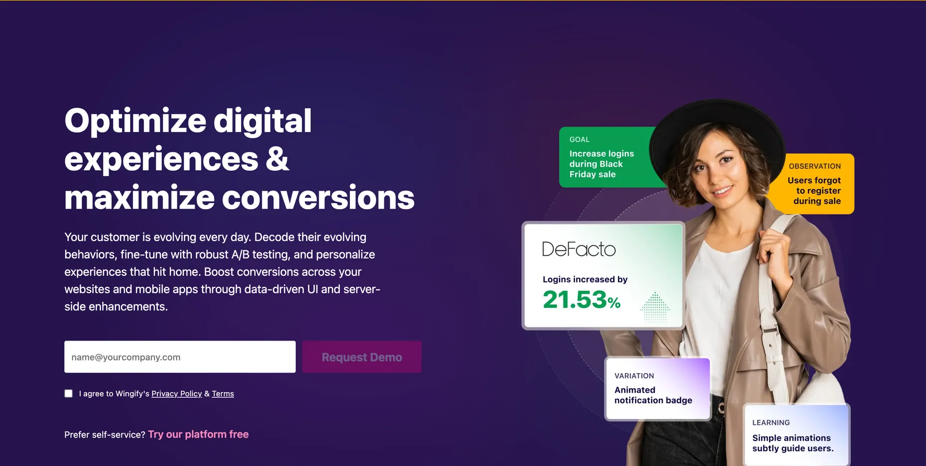 The VWO homepage, headline Optimize digital experiences and maximize conversions, showing an A/B testing and personalization dashboard example