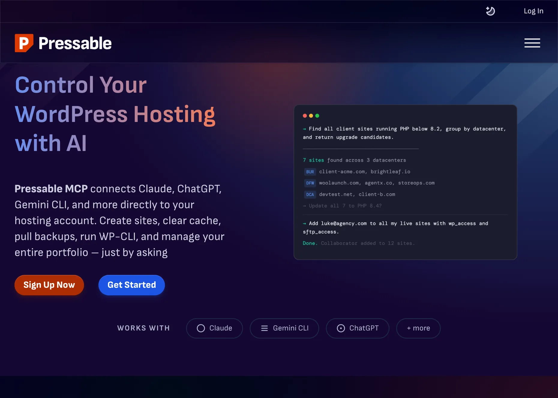 The Pressable MCP page: Control Your WordPress Hosting with AI, with a terminal demo finding client sites on old PHP versions and updating them, and logos showing it works with Claude, Gemini CLI and ChatGPT