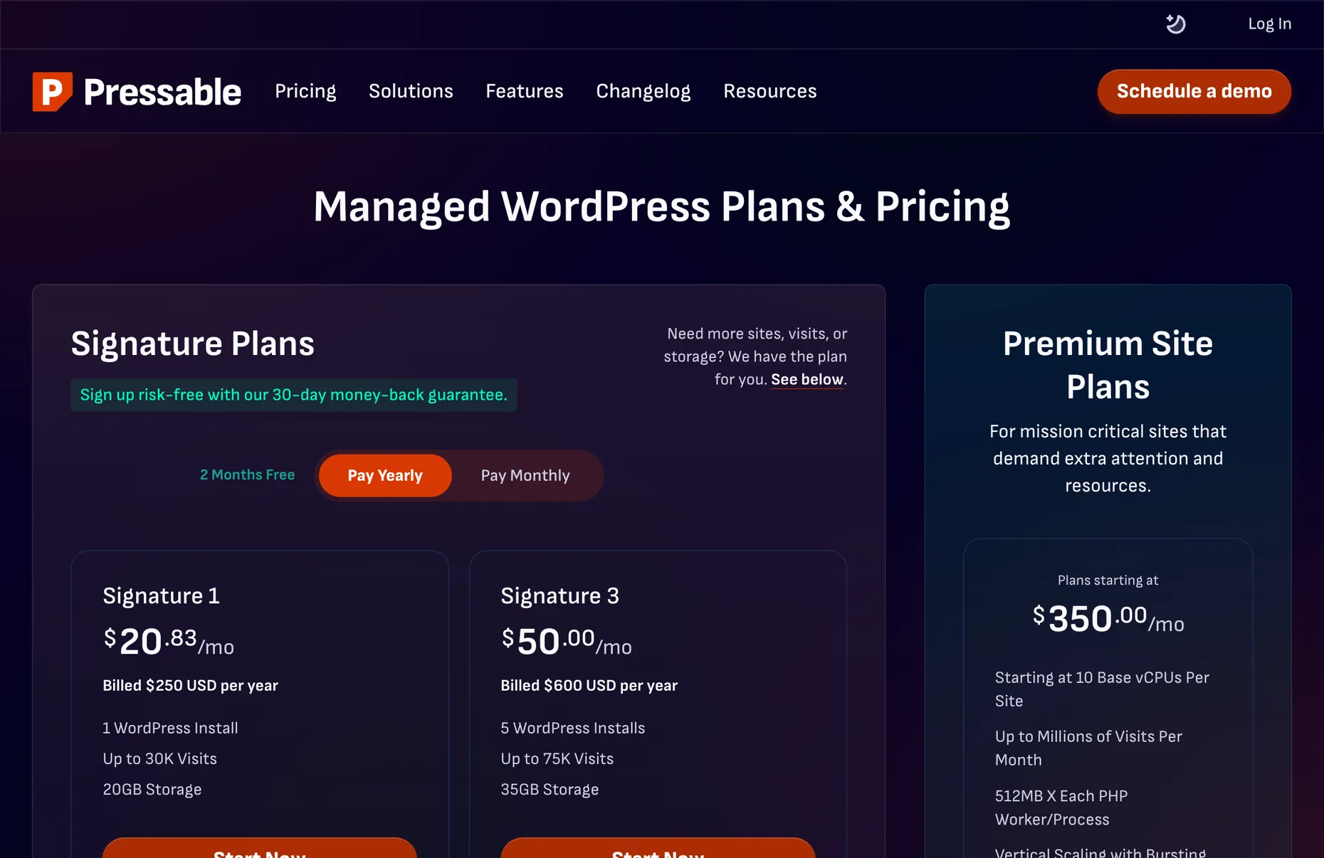 Pressable's managed WordPress pricing page showing Signature 1 at $20.83/month billed yearly, Signature 3 at $50/month, and Premium site plans from $350/month, all with a 30-day money-back guarantee