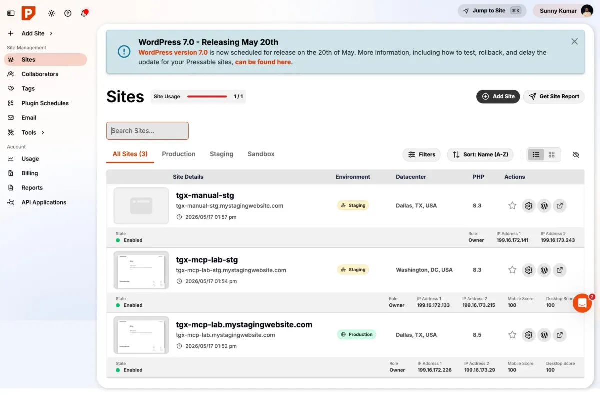 The Pressable sites list showing production and staging environments, where the tgx-mcp-lab production site sits in Dallas but its staging copy landed in Washington DC, the datacenter mismatch mentioned in the text