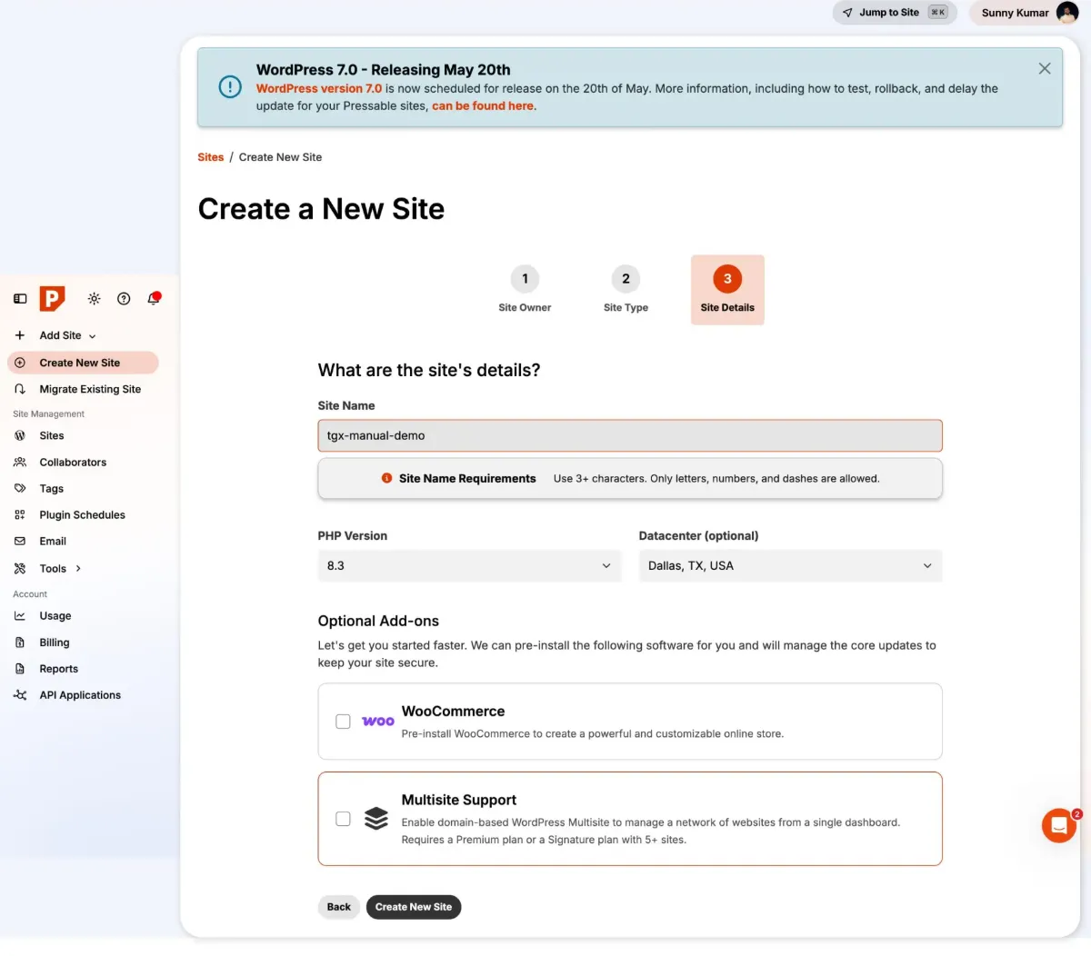 The Pressable dashboard's three-step Create a New Site wizard on the Site Details step, with a site name field, PHP 8.3 version dropdown, Dallas datacenter, and optional WooCommerce and Multisite add-ons