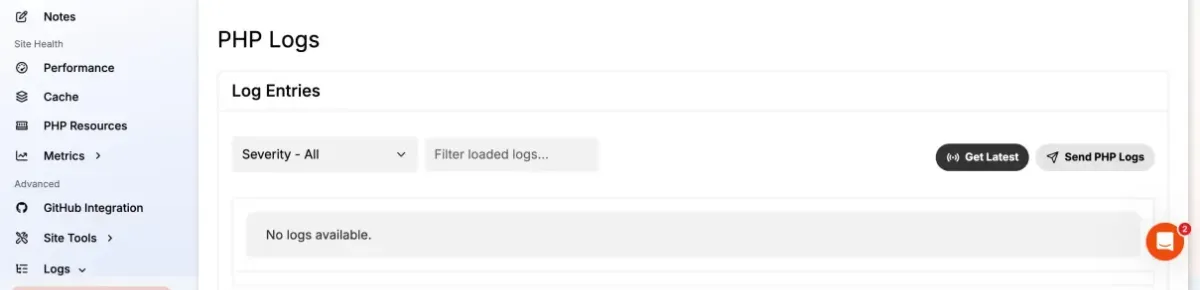 The Pressable dashboard PHP Logs page with a severity filter and a Get Latest button, the nested navigation you scroll through by hand versus asking Claude for filtered errors