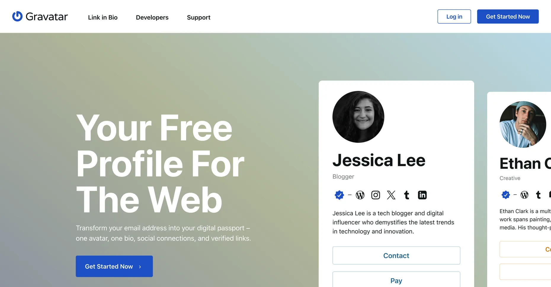 The Gravatar homepage, Your Free Profile For The Web, showing example profile cards with a name, bio, and verified social and website links
