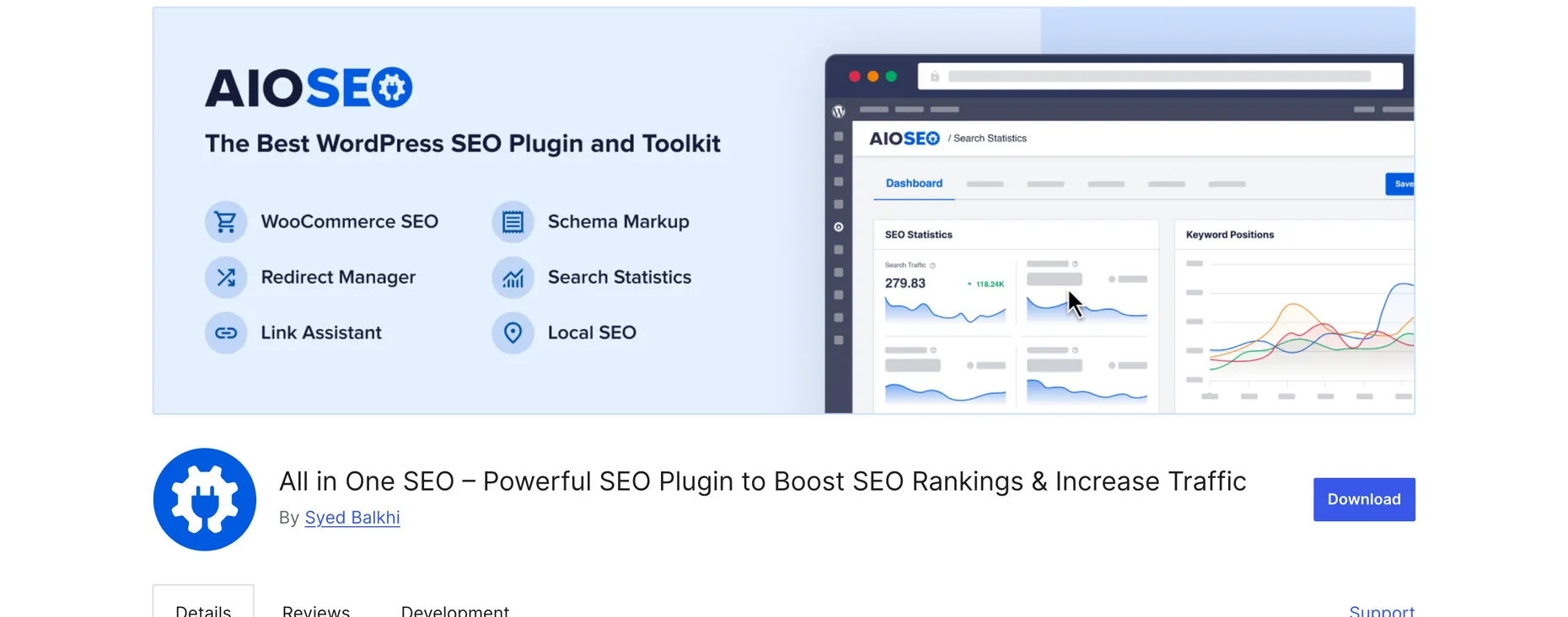 The All in One SEO plugin page on WordPress.org, banner reading The Best WordPress SEO Plugin and Toolkit