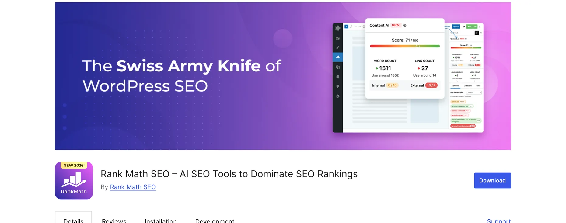 The Rank Math plugin page on WordPress.org with the banner The Swiss Army Knife of WordPress SEO and a Content AI content-score panel