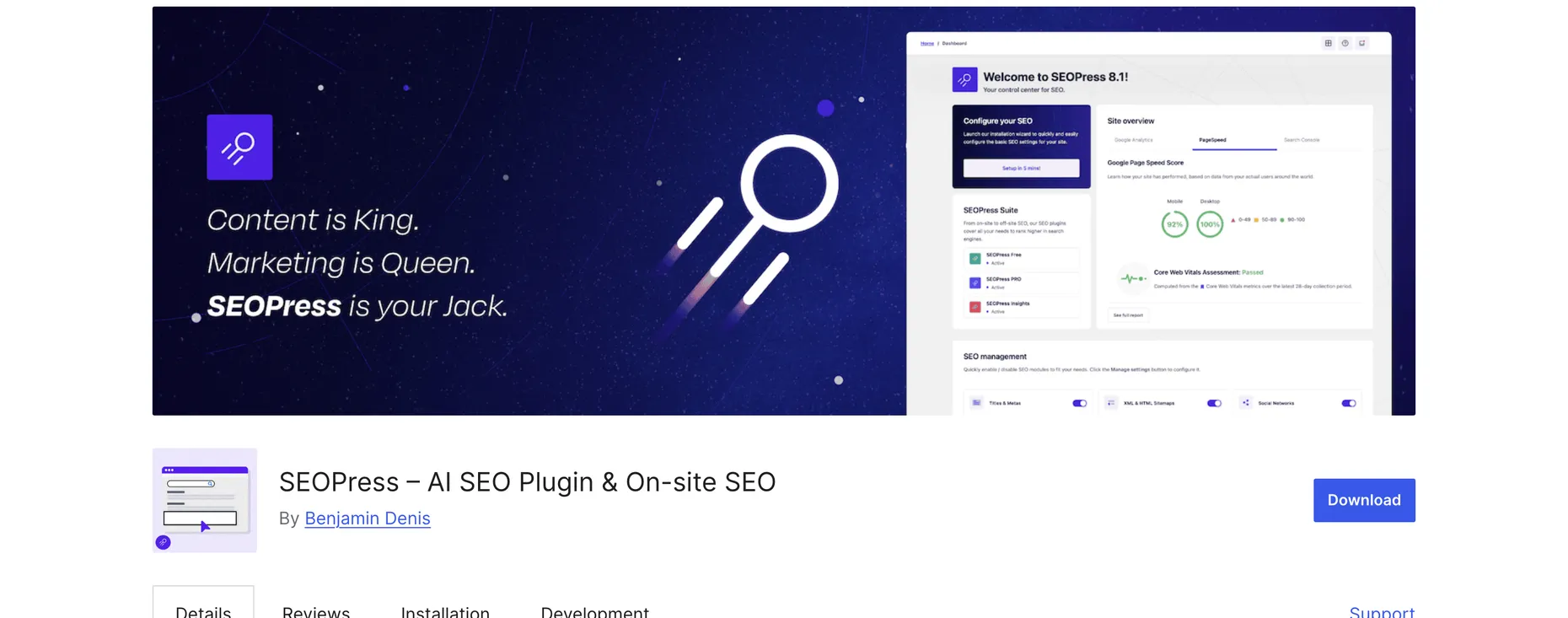 The SEOPress plugin page on WordPress.org, banner reading Content is King, Marketing is Queen, SEOPress is your Jack