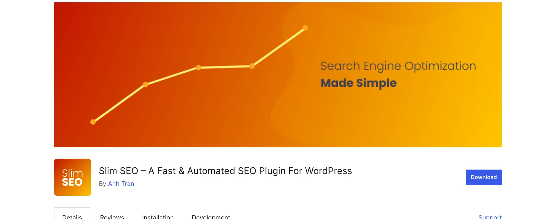 The Slim SEO plugin page on WordPress.org with the banner Search Engine Optimization Made Simple, by developer Anh Tran