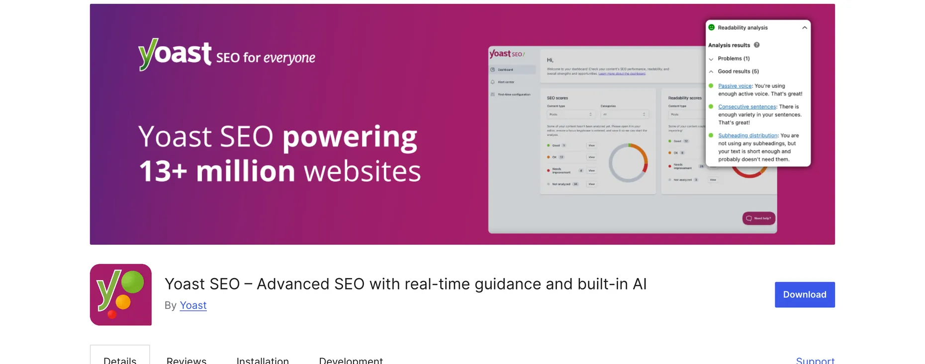 The Yoast SEO plugin page on WordPress.org, banner reading Yoast SEO powering 13+ million websites