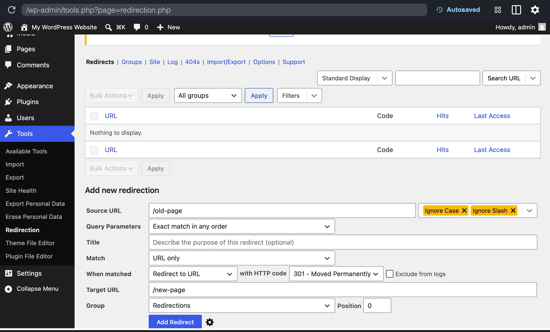 The Redirection plugin Add new redirection form in WordPress, with a source URL of /old-page, target of /new-page, and the HTTP code set to 301 Moved Permanently