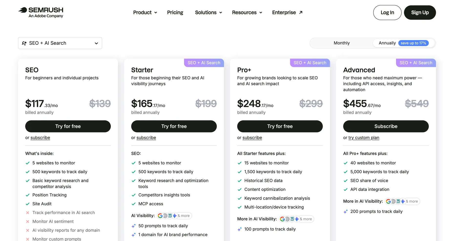 Semrush pricing page showing four plans, SEO at $117.33 per month, Starter at $165.17, Pro Plus at $248.17 and Advanced at $455.67, all billed annually, with SEO plus AI Search badges on the last three