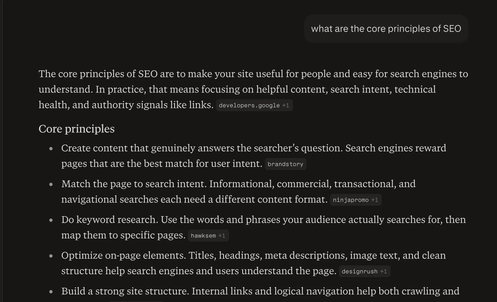 A real AI search answer that synthesises information and lists several cited web sources beneath it, showing that being a cited source is the new goal