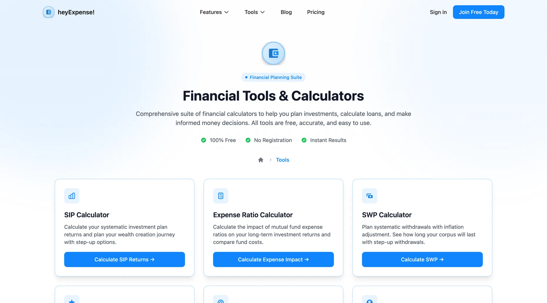 The heyExpense financial tools page showing SIP, expense ratio, SWP, and gold price calculators.