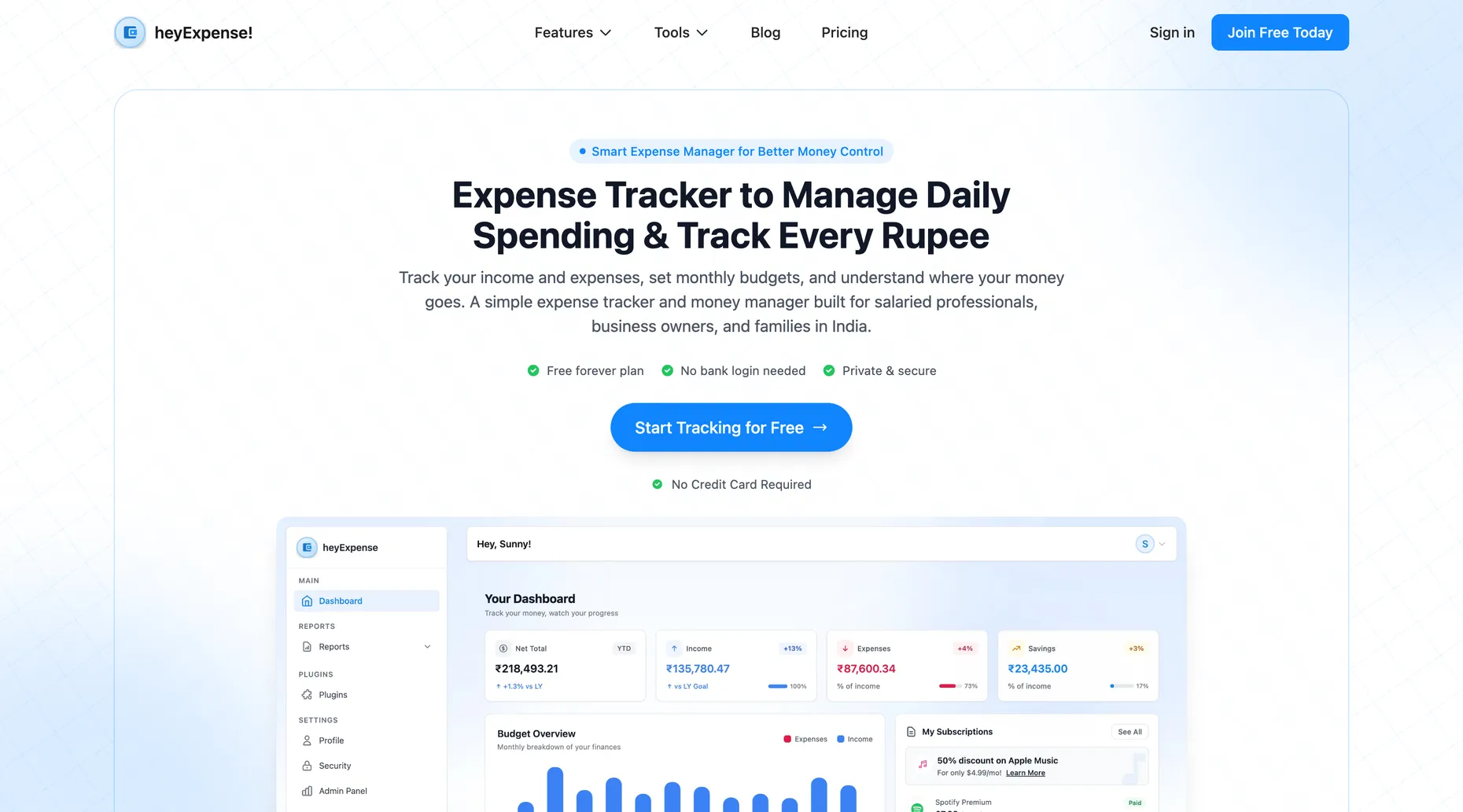 The heyExpense homepage, an expense tracker showing a money dashboard with income, expenses, and savings.