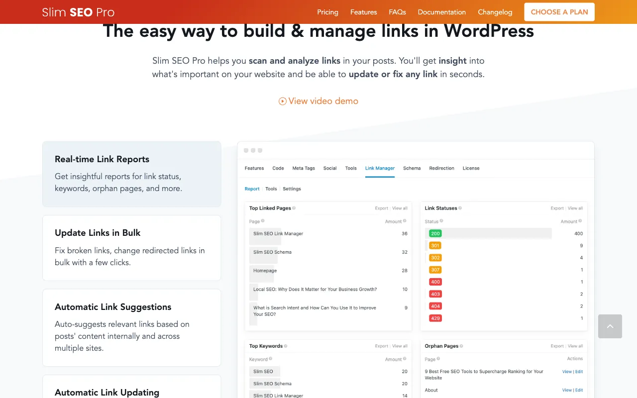 Slim SEO Pro Link Manager dashboard showing Top Linked Pages, Link Statuses with 200 301 404 codes, Top Keywords and Orphan Pages reports