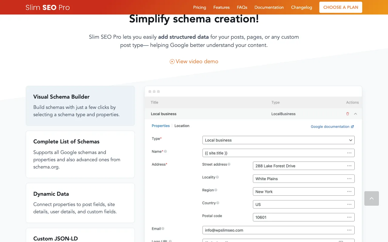 Slim SEO Pro visual schema builder, adding a LocalBusiness schema with Type, Name, Address and other properties, and a Google documentation link