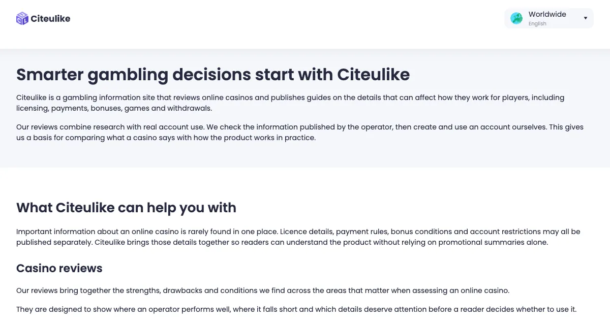 The CiteULike homepage now headed Smarter gambling decisions start with Citeulike, describing itself as a gambling information site that reviews online casinos