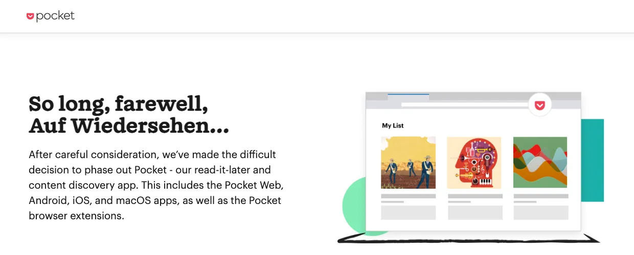 Pocket homepage showing the heading So long, farewell, Auf Wiedersehen, and a note that Mozilla has phased out Pocket and its apps