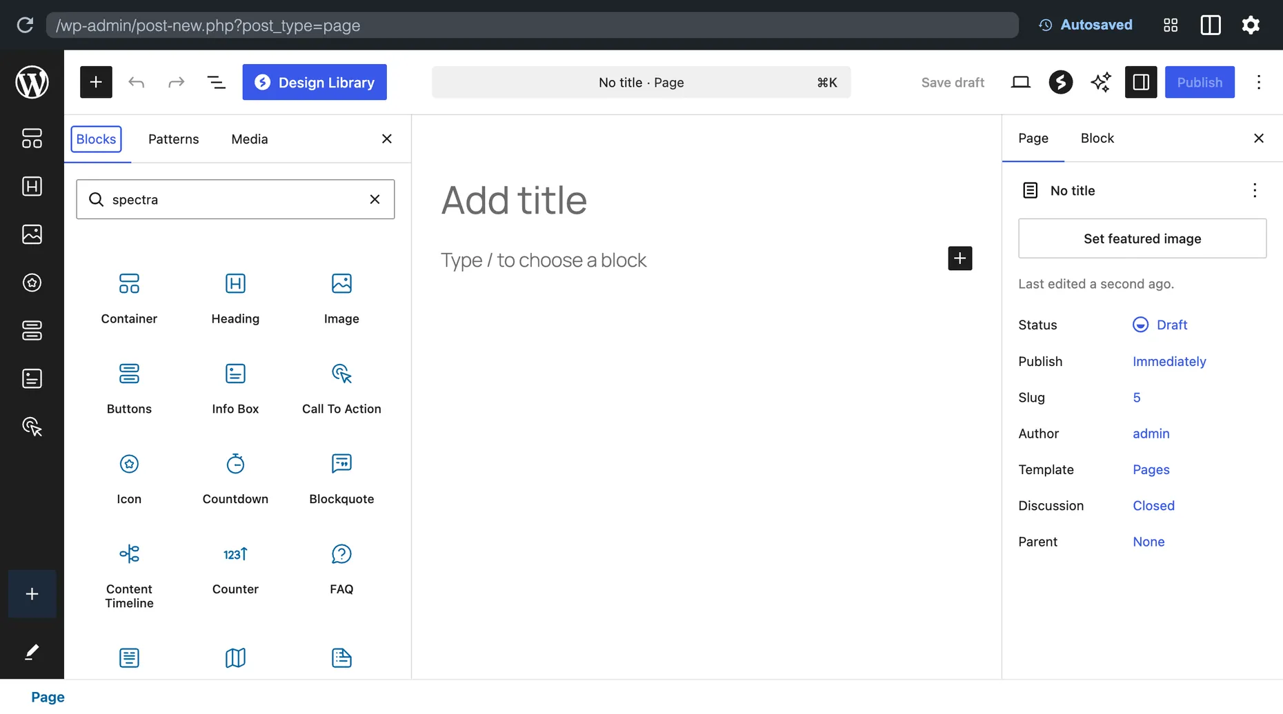 The WordPress block inserter filtered to Spectra, showing blocks like Container, Info Box, Call To Action, Countdown, Content Timeline, Counter and FAQ